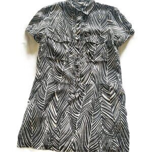 Zara Basic Ladies Dress Large Black and White 100% Linen Short Sleeves
